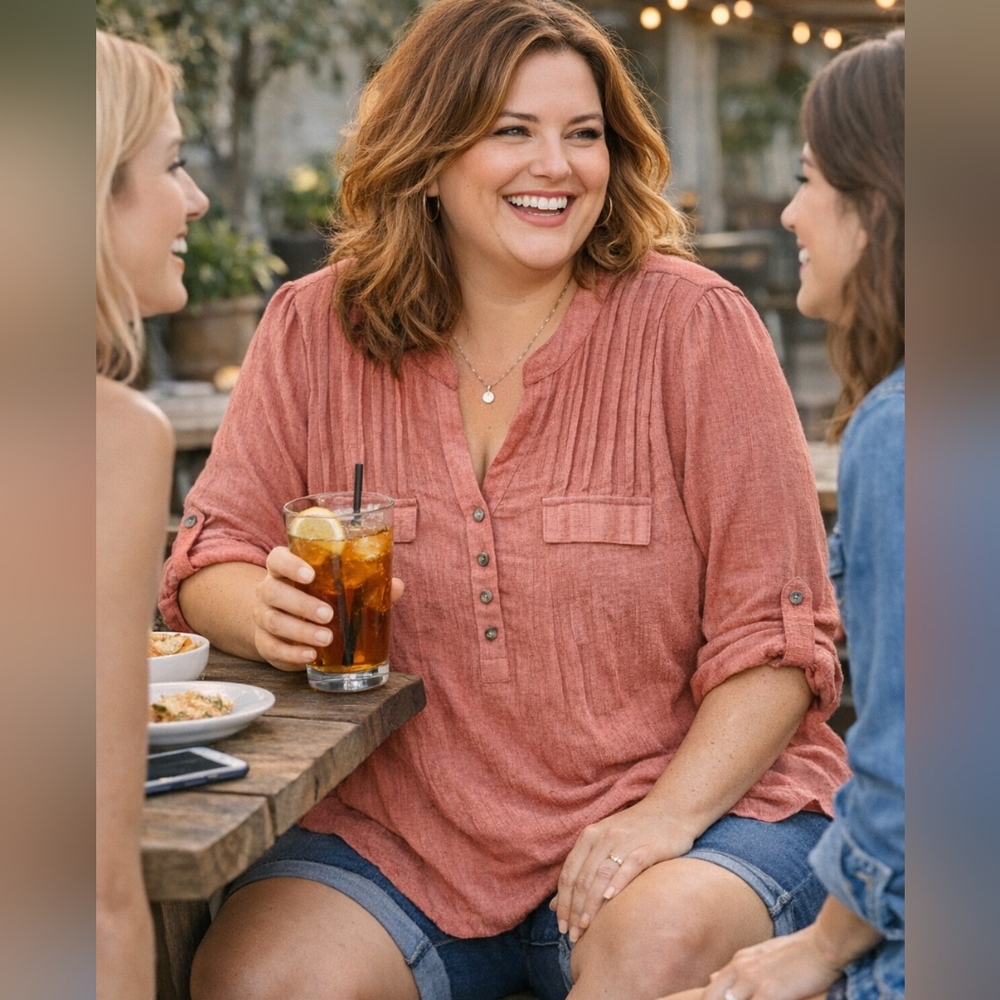 Cocomo Washed Rose Pintuck Henley Blouse Plus Size 3X